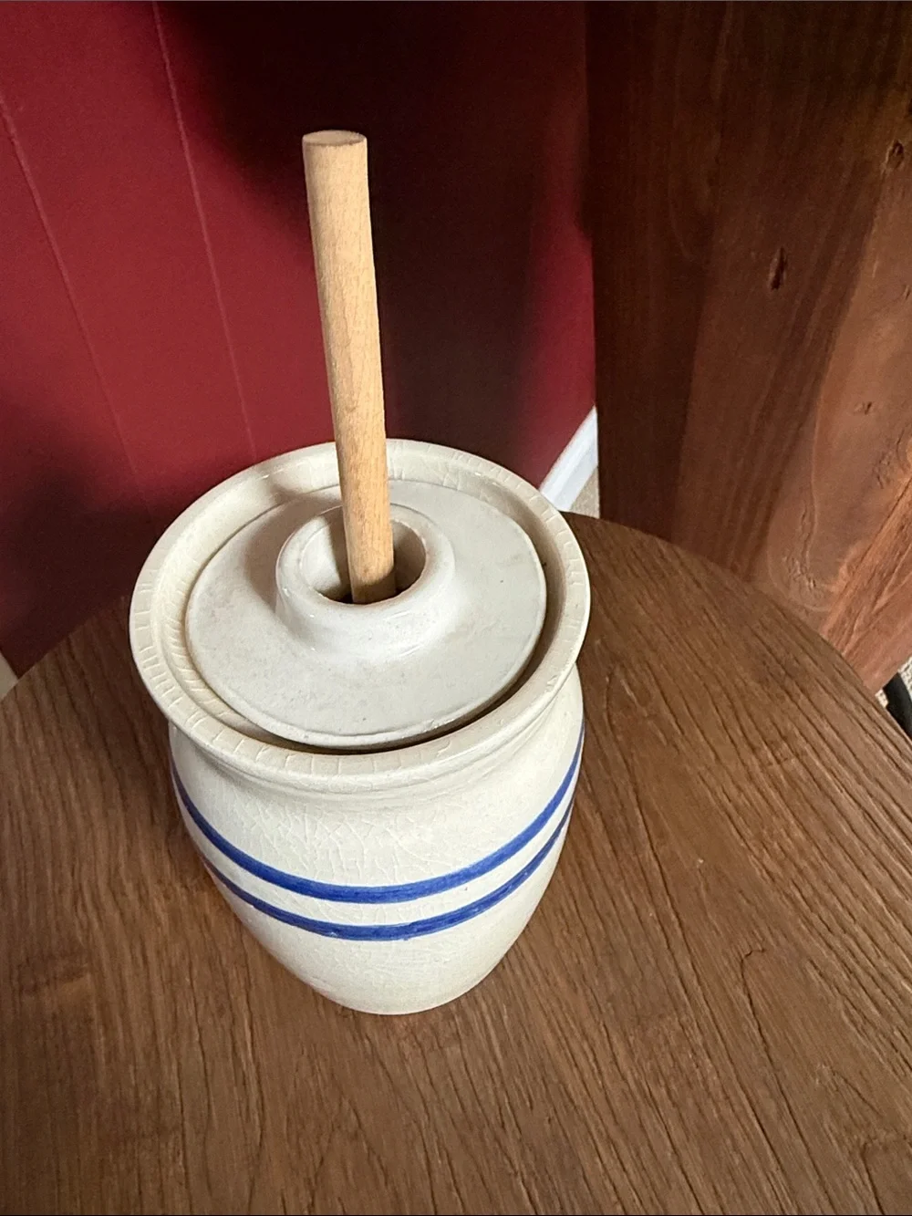 Faux Butter Churn Home Decor With Blue Strips-Great Condition-9